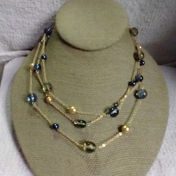Goldtone blue green bead chain necklace 3 row - Picture 1 of 4